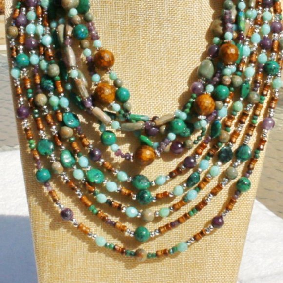 2 Necklace Set Boho Multi Strand Stone Bead Gemstone Silver Handmade NWT - Picture 3 of 9